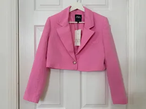 Zara S Pink Cropped Blazer NWT Chic Preppy Minimalist Barbiecore Tailored Jacket thumbnail 2