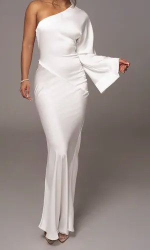 JLUXLABEL P254. IVORY FEMME DRAPE MAXI DRESS Elegant One-Shoulder White Evening Gown thumbnail 1