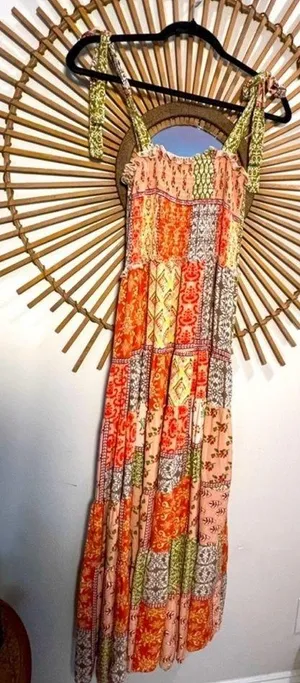 Abel the Label Bohemian Multicolor Patchwork Smocked Maxi Dress with Tie Straps thumbnail 1