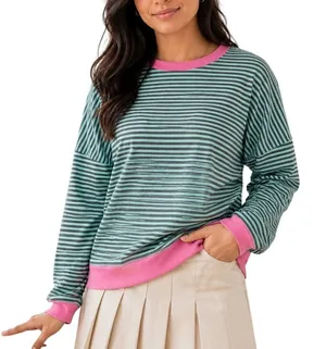 Pink Lily Mint Pink Striped Oversized Boxy Sweatshirt Medium Retro 80s thumbnail 1