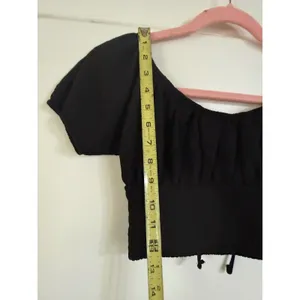American Eagle Black Puff Sleeve Tie‎ Front Smocked Crop Top XS Cottagecore thumbnail 5