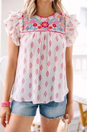 Blu Pepper Women Floral Flutter Sleeve Blouse Embroidered Shirt Top Size Large thumbnail 1
