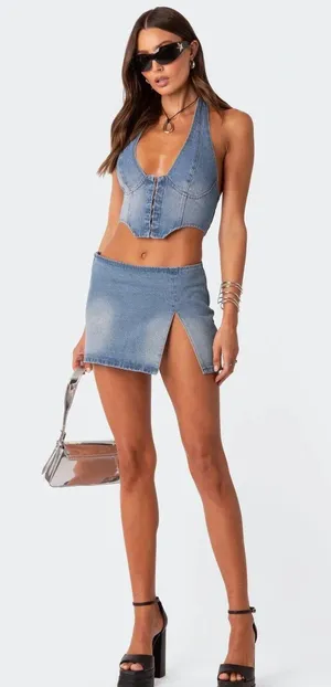 Edikted Katrina Slitted Denim Mini Skirt thumbnail 1
