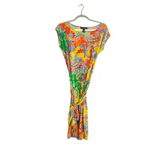 Lauren Ralph Lauren Small Sheath Dress Vibrant Yellow Paisley Print Tie Waist thumbnail 2