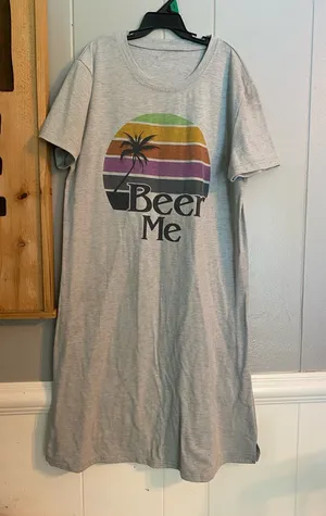 Small Casual Heather Gray Tee Dress with Sunset Palm 'Beer Me' Graphic thumbnail 1