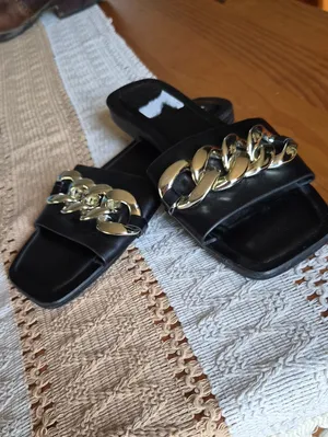 Black Slide Sandals with Gold Chain Accent - Women thumbnail 4