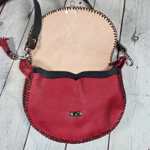 Handcrafted Tooled Leather Feather‎ Crossbody Bag Red Tan Whipstitch Boho Purse thumbnail 5