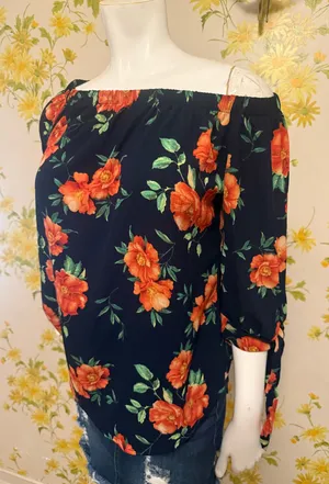 Off-Shoulder Navy Floral Women's Top with Orange Blooms size M thumbnail 1