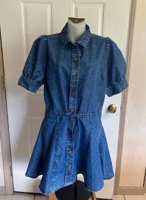 Large Indulge Instyle Blue Denim Puff short sleeve button up shirt dress. thumbnail 1