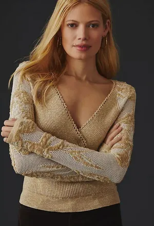 Anthropologie Lace Sleeve Faux Wrap V Neck Stretch Knit Sweater Top XS thumbnail 1