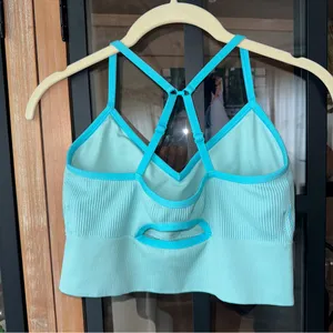 Aerie OFFLINE Seamless Corset Sports Bra ribbed aquamarine turquoise crop top thumbnail 3