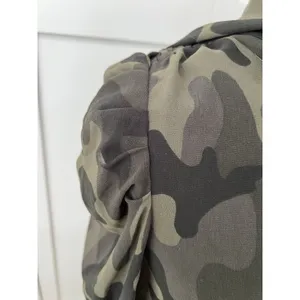 White House Black Market Camo Tie Neck‎ Puff Shoulder Blouse XXS Olive Green thumbnail 5