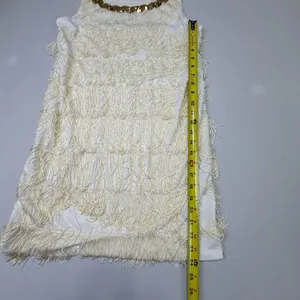 White Sleeveless Flapper-Style Fringe Mini Dress with Gold Sequin Neckline thumbnail 5
