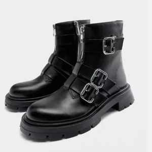 New Zara leather black Moto combat boots buckles and zippers EU 36 US 6 thumbnail 2
