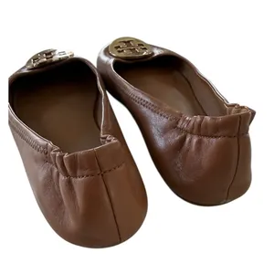 Tory Burch Brown Leather Minnie Travel Ballet Flats with Gold Logo thumbnail 5