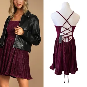 Lulu's Party Era Magenta Sparkly Lace-up Pleated Skater‎ Dress MEDIUM NWT Party thumbnail 2