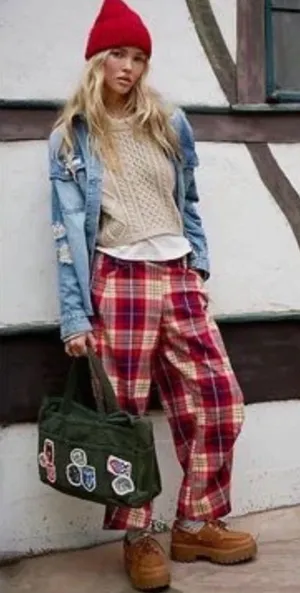 Free People Nice Choice Pull-On Pant plaid size Small NEW thumbnail 1