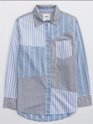 aerie Blue and White Patchwork Stripe Button-Up Shirt thumbnail 1