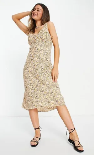 Abercrombie & Fitch Yellow Floral Midi Dress Small Tall thumbnail 1