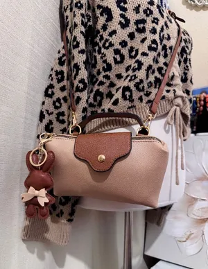 Stella Tan Beige Mini Crossbody Bag w/ Brown Faux Leather Trim & Bunny Charm thumbnail 1