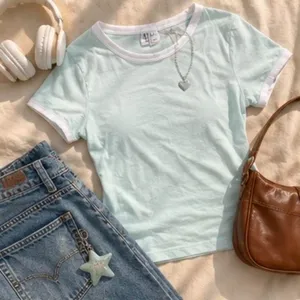 H&M Divided Baby Tee Light Blue Pink Ringer Trim Y2K Coquette S thumbnail 3