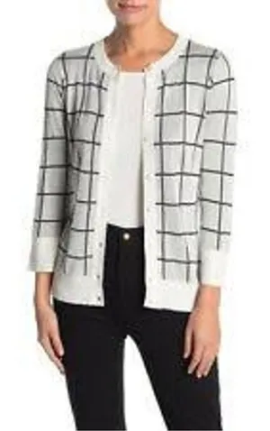 NWT Halogen Contemporary Plaid Checkered Stretch Button Down Cardigan Sweater Md thumbnail 1