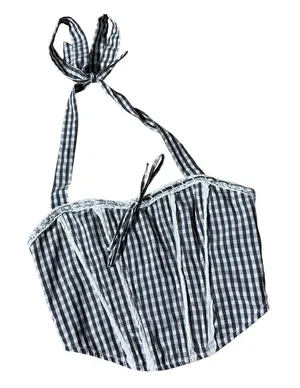 Beverly and‎ Beck Cottagecore Gingham Halter Corset Top Black White Lace Trim XS thumbnail 1