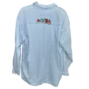 vintage Ultra Club denim shirt Christmas embroidery Trains wreath button up L thumbnail 4