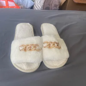 Faux Fur Slide Slippers with Gold Chain Detail thumbnail 3