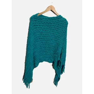 Occasionally Made Poncho Women OS Teal Chunky Knit Fringe Boho Layering Wrap thumbnail 3