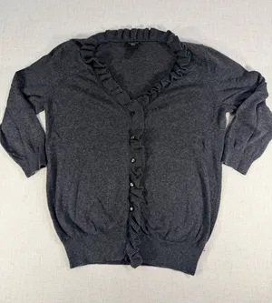 Ann Taylor Petite Women’s Ruffle Trim Button Front Cardigan Heather Charcoal Sma thumbnail 1