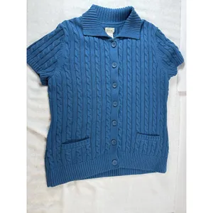 Vintage LL Bean Cable Knit Cardigan Women’s XL Blue Teal Short Sleeve Button Y2K thumbnail 8