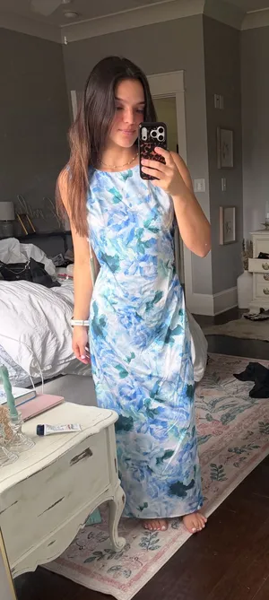 Blue silk dress wedding guest thumbnail 1