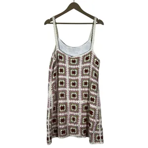 Pink Lily Crochet Granny Square Patchwork Mini Dress Green Brown Boho Size L thumbnail 3