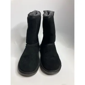 Lamo Suede Mid Calf Boots Womens 7 Black Excellent Faux Fur Lined Pull On thumbnail 2