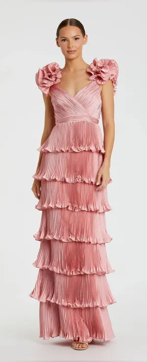 MAC DUGGAL Pink Pleated Charmeuse Tiered Gown With Ruffle Straps Size 8 thumbnail 1