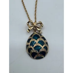 Vintage Blue Enamel Egg Pendant Necklace Bow Detail Gold Tone Chain‎ 18" thumbnail 4