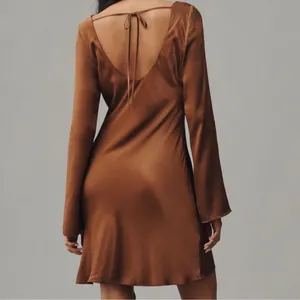 By Anthropologie Women’s Long Bell Sleeve Cowl Neck Satin Brown Mini Dress XS thumbnail 5