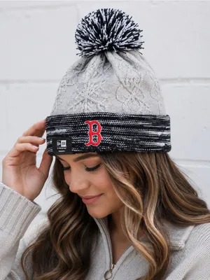New Era Women’s Boston Red Sox Snow Crown Redux Knit Pom Beanie Hat Gray Black thumbnail 3