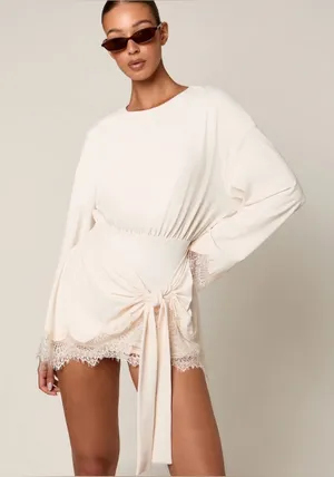 AiiRZ Long Sleeve Jersey Mini Dress With Lace Trim Cream Large NWT thumbnail 1
