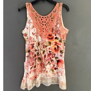Y2k Fairy Floral Crochet Lace Trim Sleeveless Top Orange Red Rhinestone Large thumbnail 2