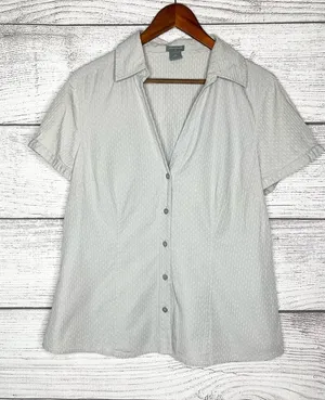 Ann Taylor Gray & White Cotton Seersucker Button-Up Career Blouse Top Size 14 thumbnail 1