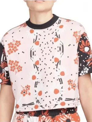 NIKE Top XL Floral Colorblock Pink Coral Logo Garden Party Jersey Cropped Tee thumbnail 1