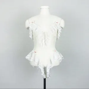 Vintage Ruffled Lace-Up Lace Bodysuit Lingerie in White | Size S thumbnail 4