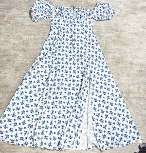 Kutumai Women Medium Blue White Floral Maxi Dress Off Shoulder Milk Maid Cottage thumbnail 1
