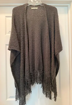 Riah Fashion Cozy Fringe Knit Cardigan Poncho - Charcoal Gray thumbnail 1