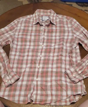 American Eagle Outfitters Coral and White Plaid Button-Down Shirt thumbnail 1