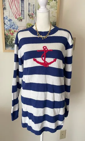 Quacker Factory Vintage 90s Y2K Nautical Striped Anchor Pullover Sweater Small thumbnail 1