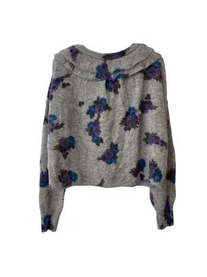 Something Navy Gray Floral Ruffle Tie-Front Sweater thumbnail 3