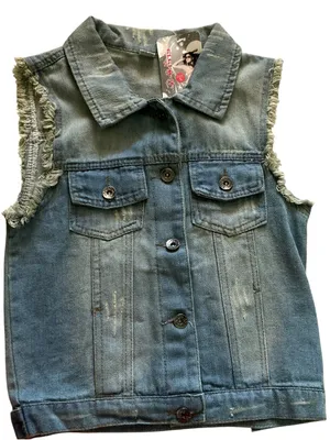 Vintage Denim vest Y2K light-wash button up frayed distressed size small thumbnail 1
